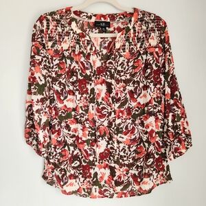 AGB Petite Smocked Floral Boho Peasant Blouse Tie Neck Top 3/4 Sleeve Size MP